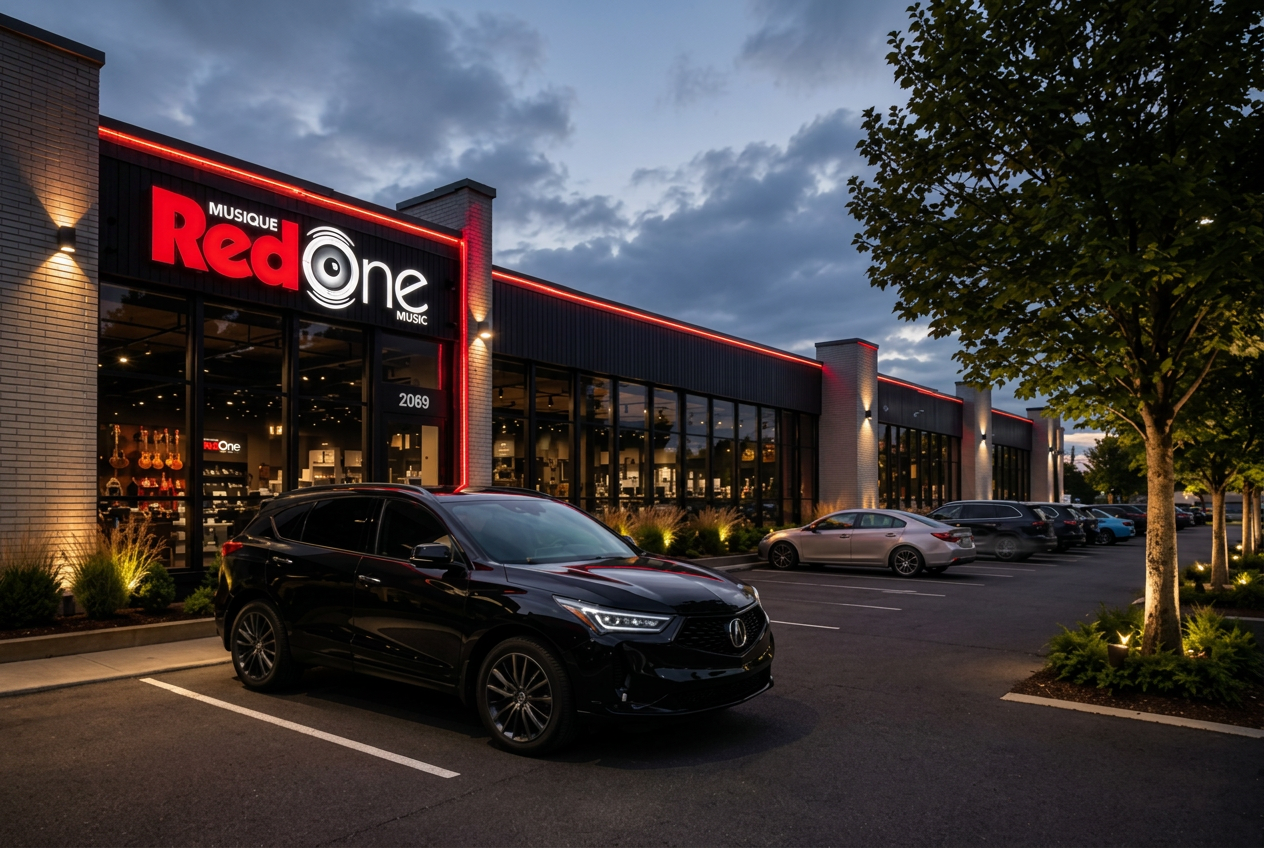 Storefront at dusk with the illuminated sign above the entrance
